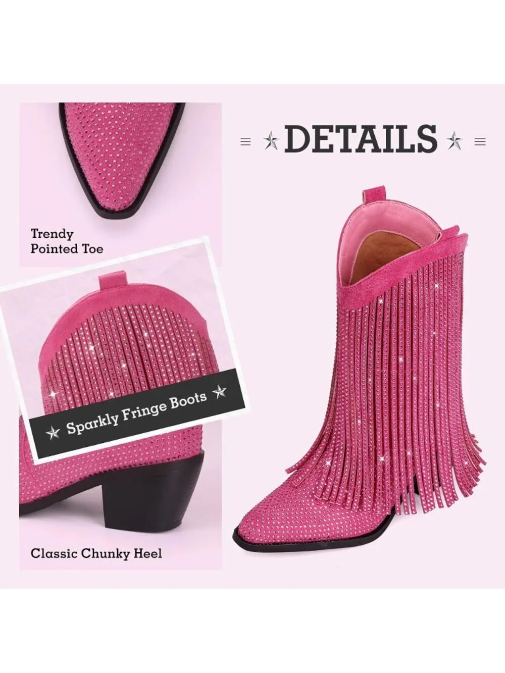 Women's Pink Cowgirl Mid Calf Star Studded Pointed Toe and Chunky Heel Boots - Picture 4 of 6